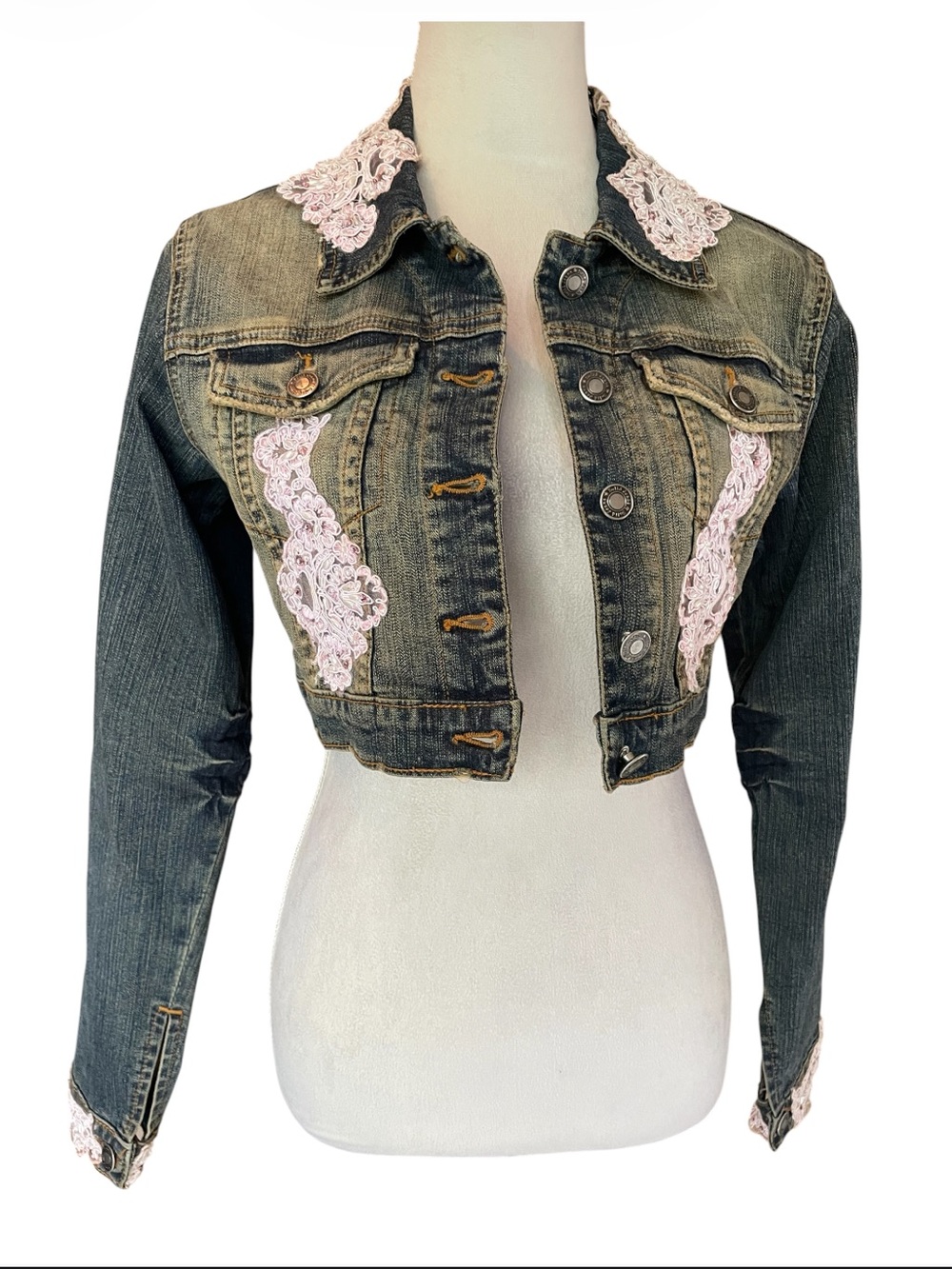 Baccio Vintage Y2K Cropped Denim Lace Trim Jacket Wash Blue